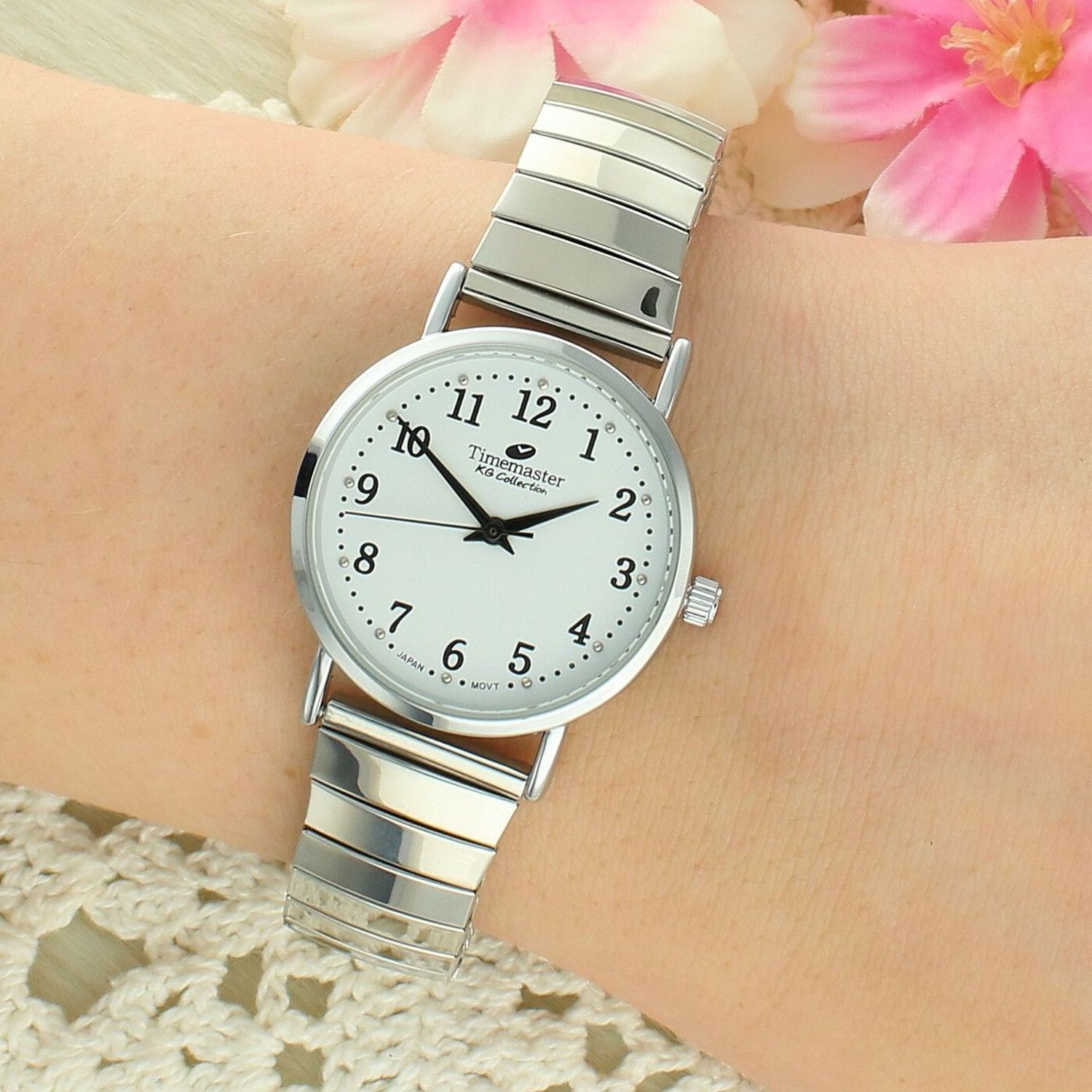 Zegarek damski Timemaster 092-29 – srebrna rozciągana bransoleta, biała tarcza 30 mm, klasyczny model elegancki.jpg