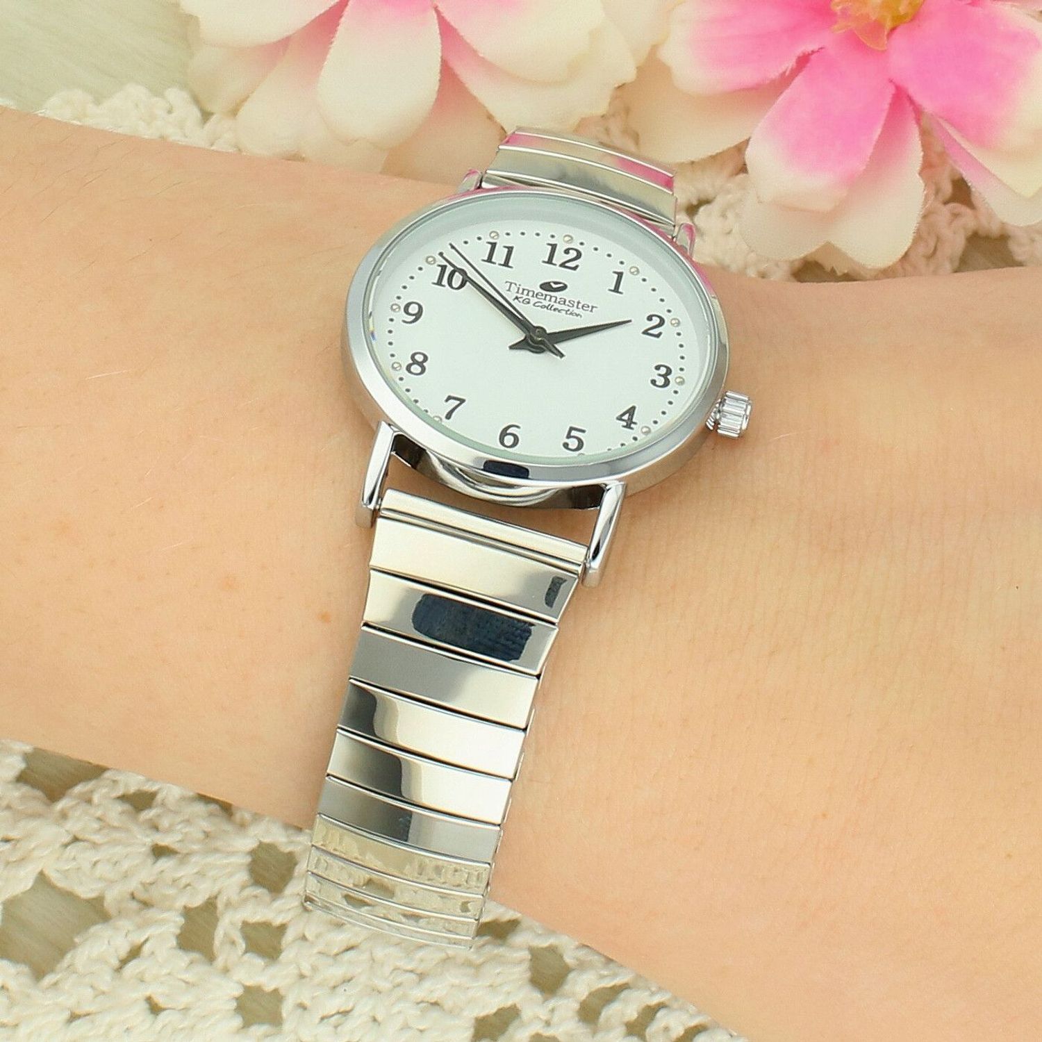 Zegarek damski Timemaster 092-29 – srebrna rozciągana bransoleta, biała tarcza 30 mm, klasyczny model elegancki.jpg