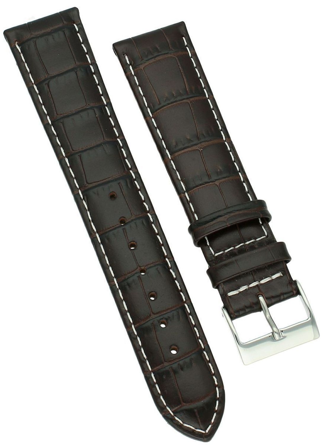 Ciemnobrązowy pasek do zegarka ze skóry naturalnej z białymi przeszyciami. Szerokość 20 mm, stalowa klamerka, regulowana długość 13,8–18 cm. Elegancja i komfort noszenia.1.jpg