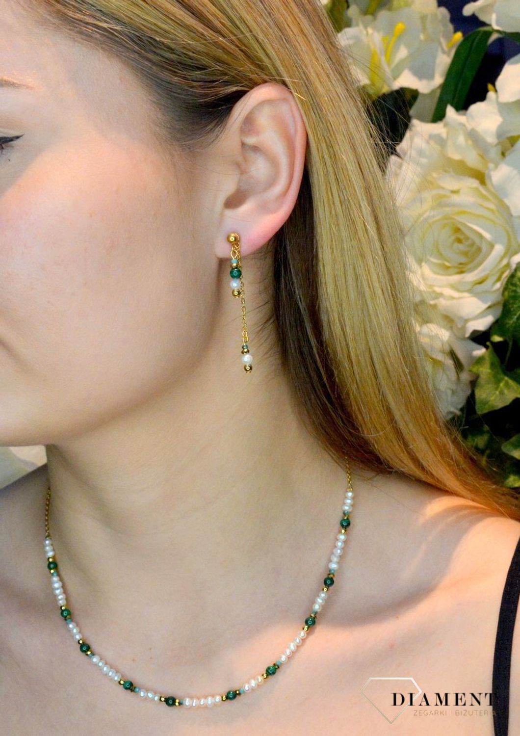 Naszyjnik damski Swarovski Coeur De Lion perła słodkowodna, malachit 4251588327720.  Biżuteria idealna zarówno na eleganckie, jak i niezobowiązujące okazje, ten naszyjnik wykonany jest z połyskujących kryształów.jpg