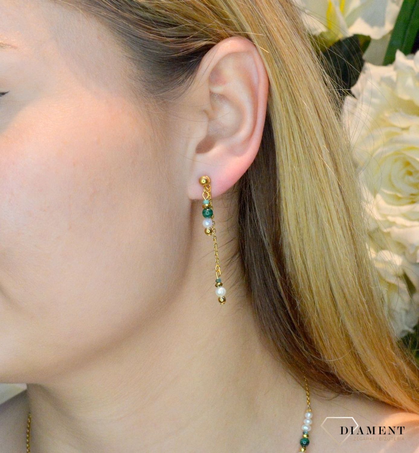 Kolczyki damskie Swarovski Coeur De Lion perła słodkowodna, malachit 1108210500. Piękne kolczyki  zdobione kryształami Swarovski oraz kamieniami takimi jak malachit i perła słodkowodna. Kolczyki możnanosić na dw1.jpg