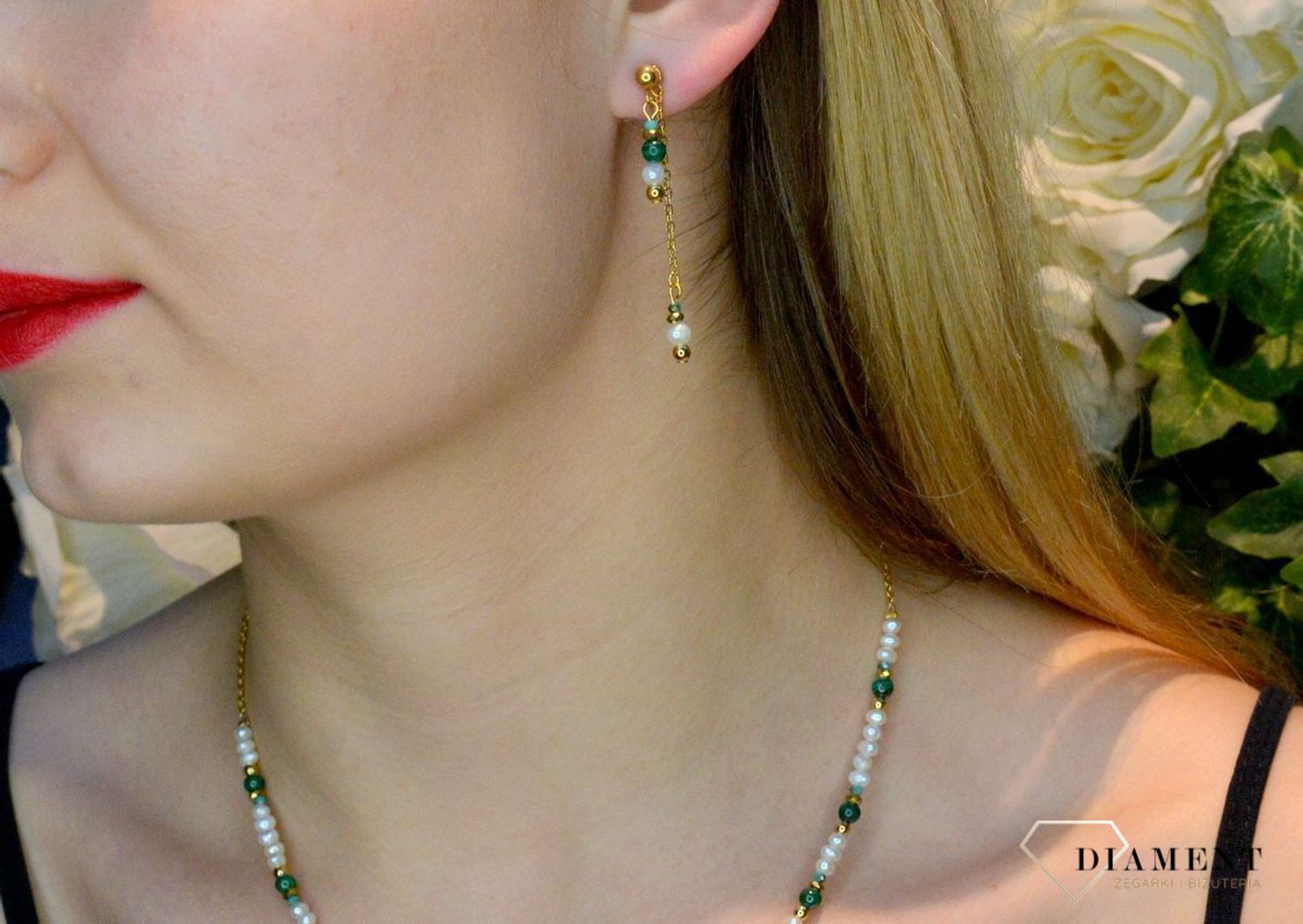 Kolczyki damskie Swarovski Coeur De Lion perła słodkowodna, malachit 1108210500. Piękne kolczyki  zdobione kryształami Swarovski oraz kamieniami takimi jak malachit i perła słodkowodna. Kolczyki możnanosić na dw1.jpg