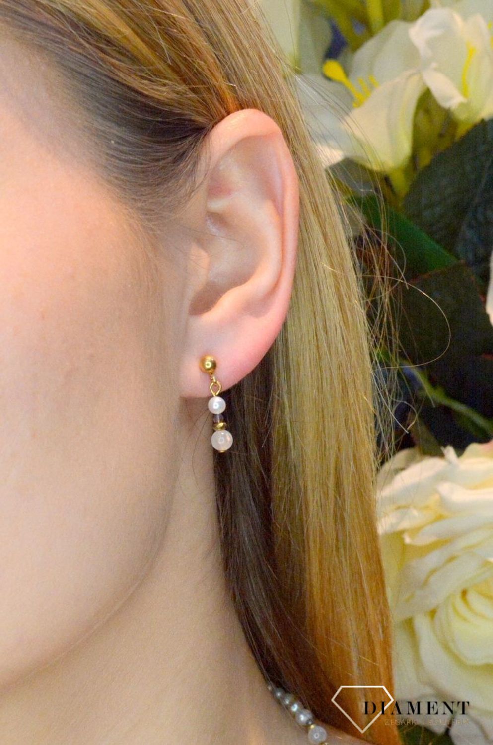 Kolczyki damskie wiszące Coeur De Lion Perła Swarovski Kwarc różowy 1109211920.jpg