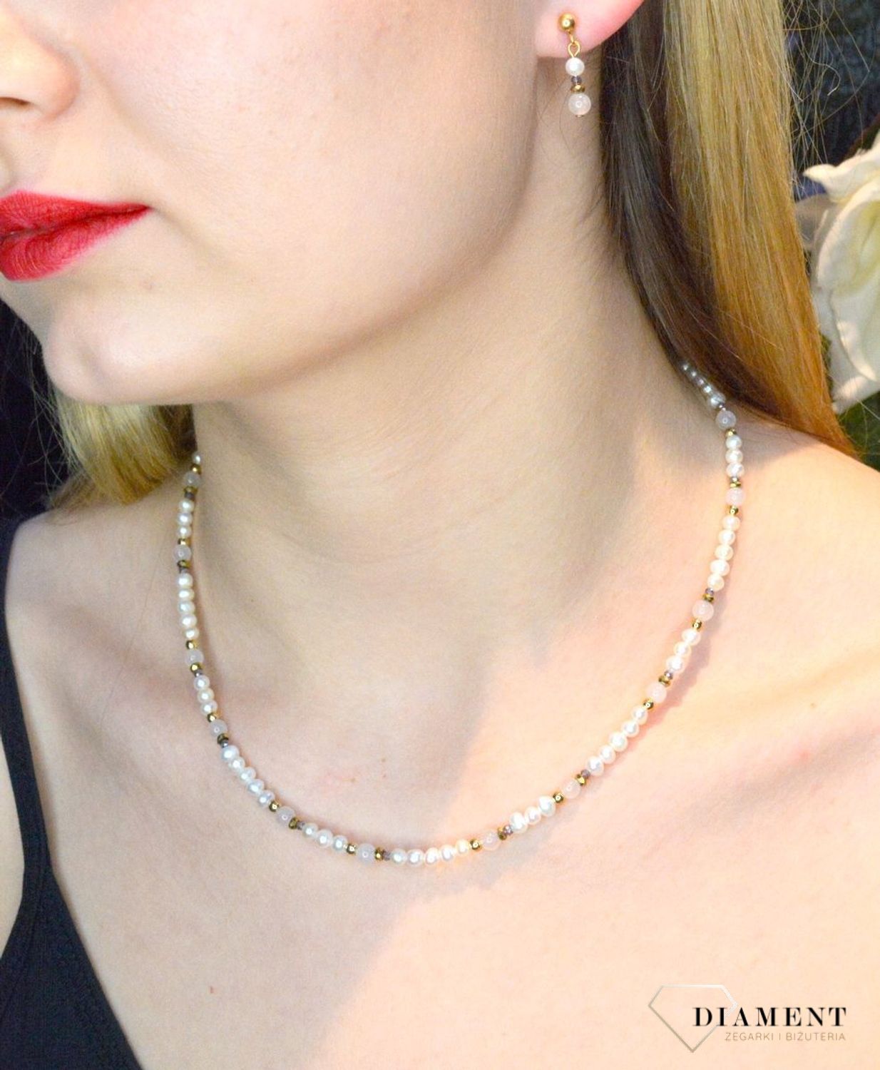 Kolczyki damskie wiszące Coeur De Lion Perła Swarovski Kwarc różowy 1109211920.jpg