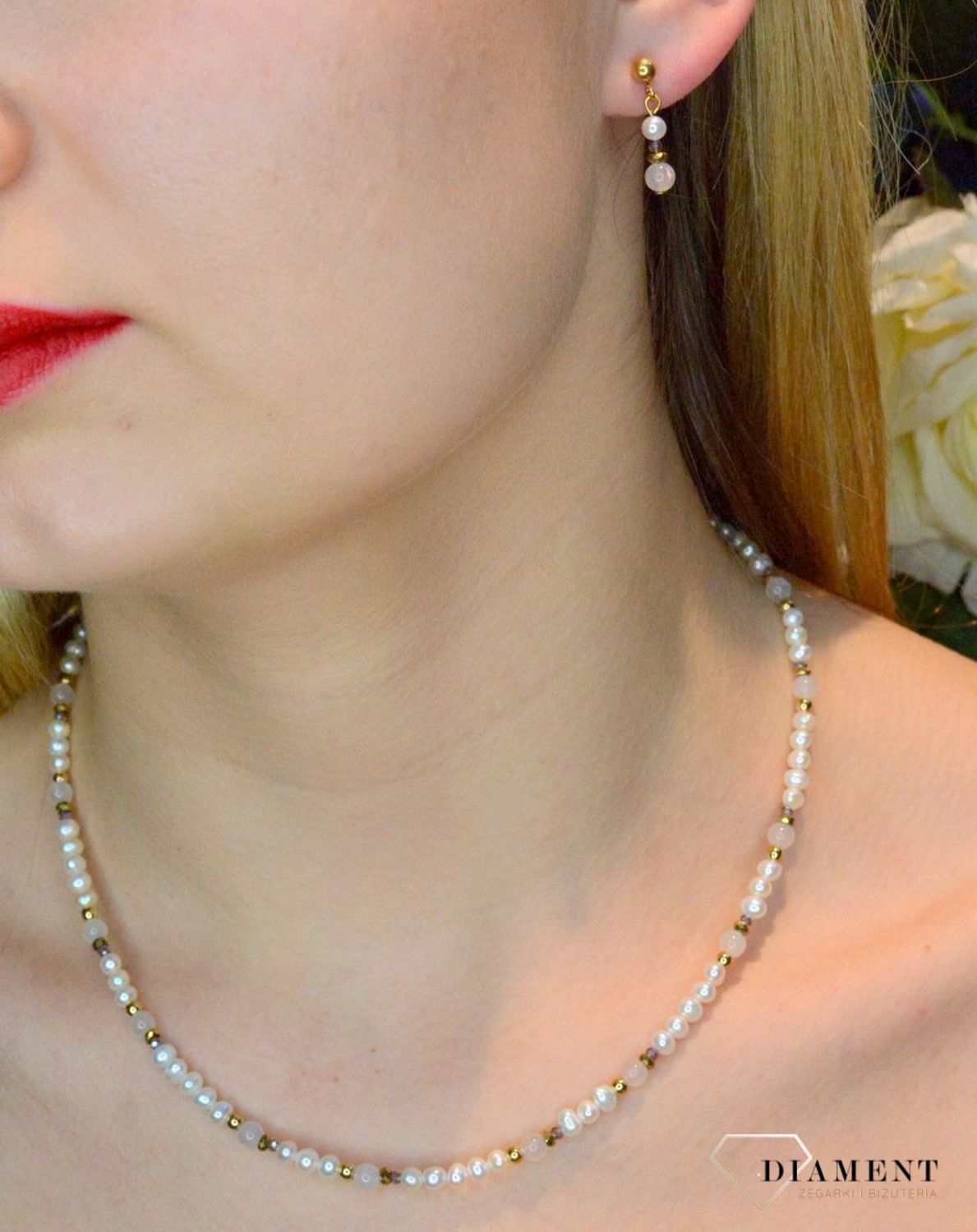 Kolczyki damskie wiszące Coeur De Lion Perła Swarovski Kwarc różowy 1109211920.jpg