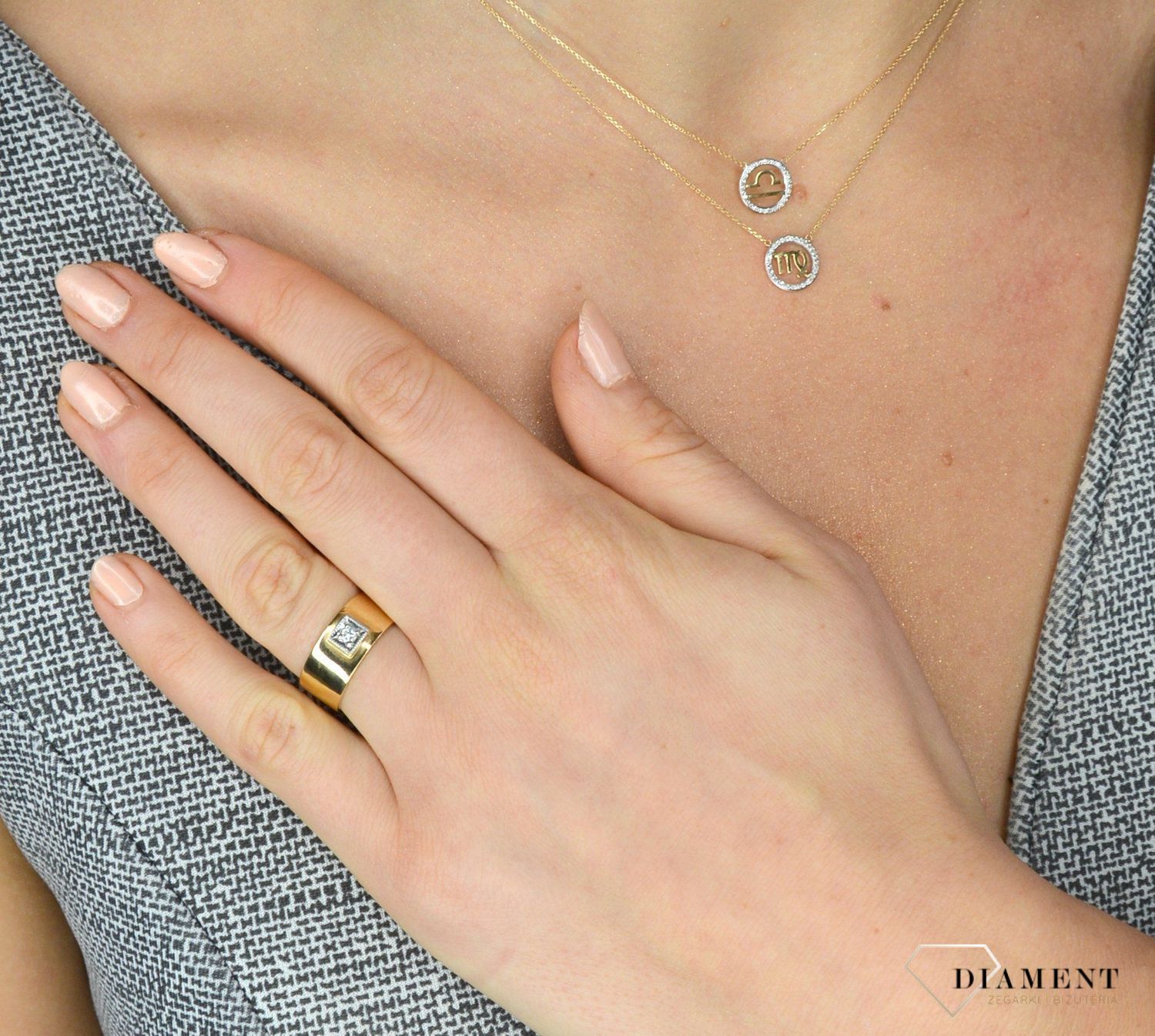 Złoty pierścionek 585 z diamentem 0,08 ct – szeroka obrączka, rozmiar 13.jpg