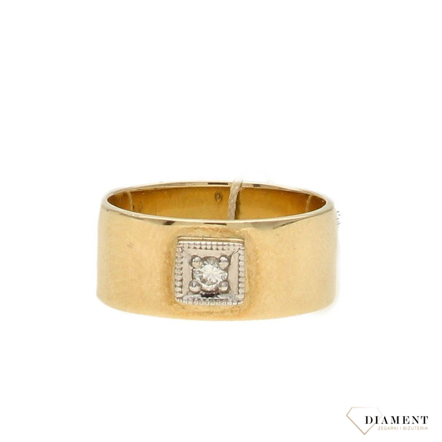 Złoty pierścionek 585 z diamentem 0,08 ct – szeroka obrączka, rozmiar 13.jpg