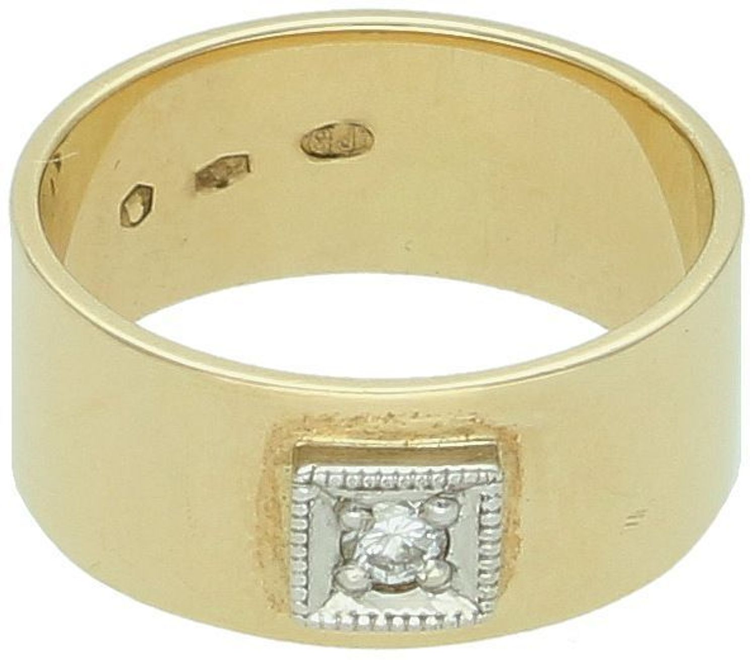 Złoty pierścionek 585 z diamentem 0,08 ct – szeroka obrączka, rozmiar 13.jpg