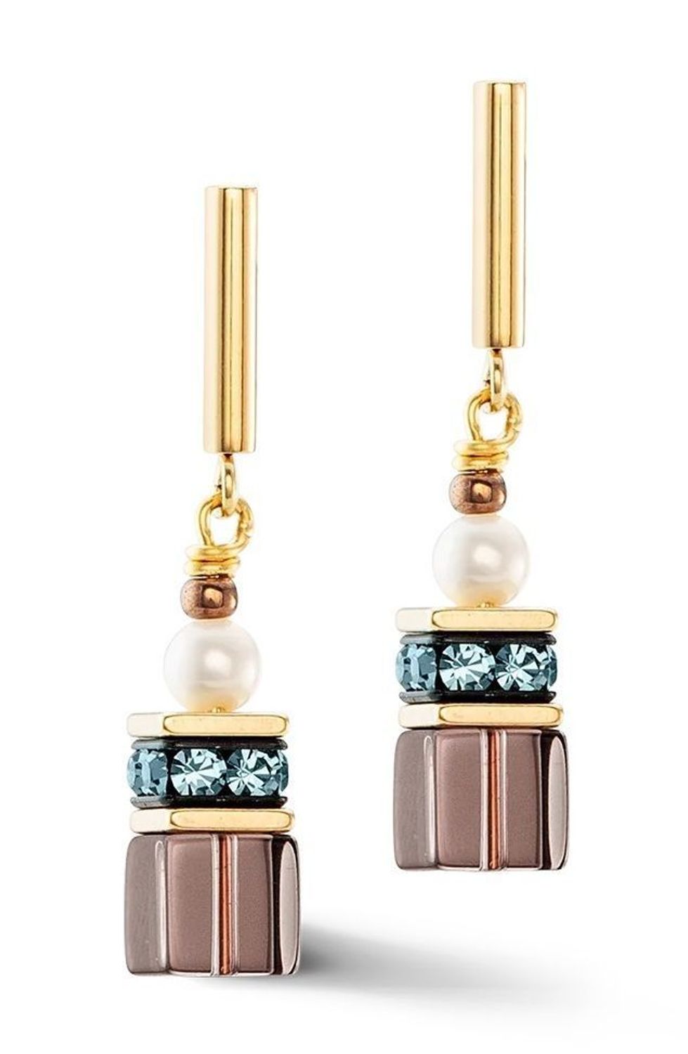 Kolczyki damskie Coeur de Lion GeoCUBE® Fusion Precious Pearl Mix złota jesień 1122211538. Kolczyki stalowe damskie. Kolczyki stalowe Coeur de Lion. Kolczyki złoto brązowe na prezent dla kobiety (1).jpg