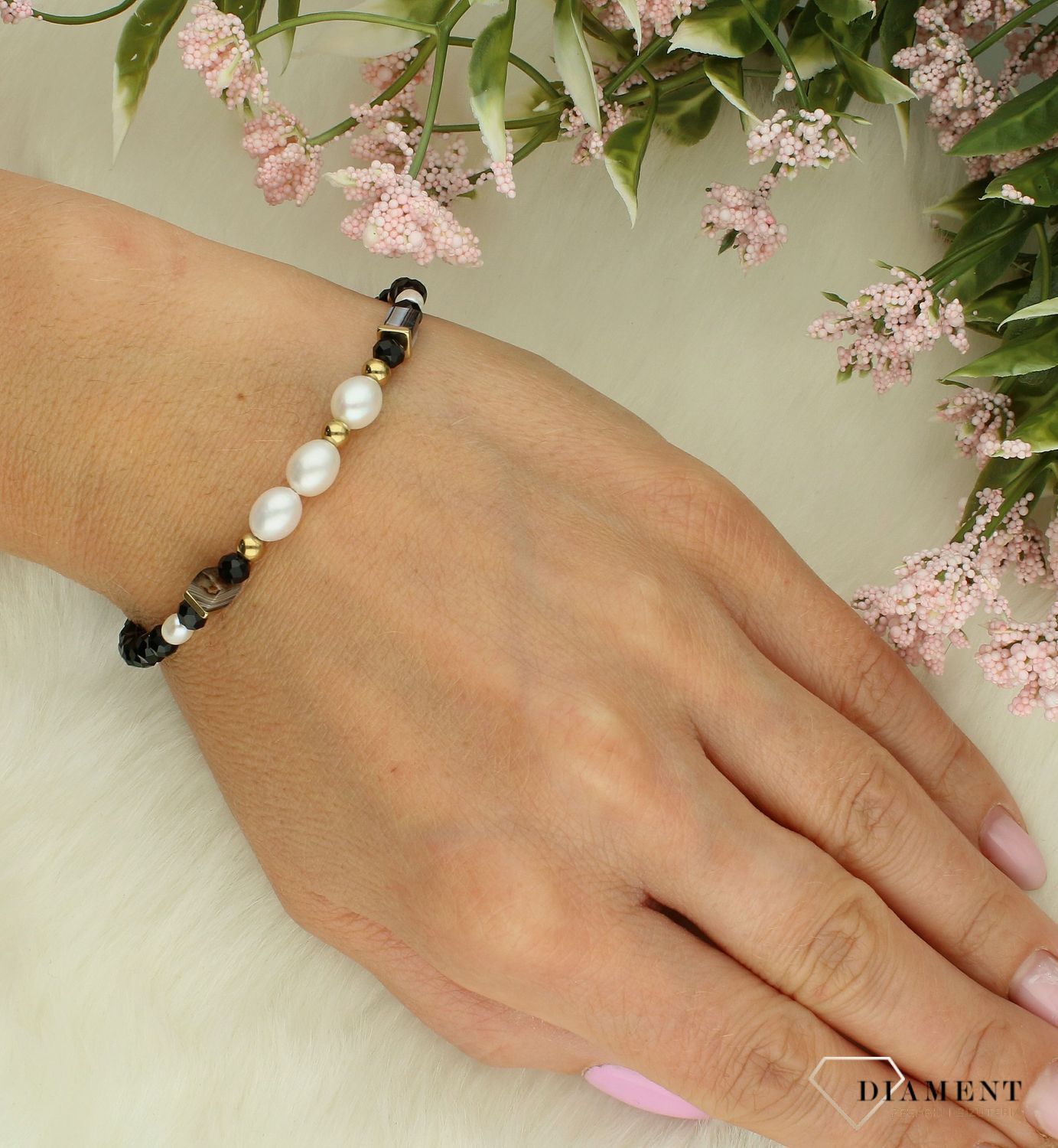 Bransoletka damska Swarovski Coeur de Lion Pearls & onyx 1132301314.  Bransoletka damska z kamieniami. Bransoletka damska stalowa. Bransoletka Coeur de Lion na prezent dla kobiety. Bransoletka damska z perłami i kamieniami.  (2).jpg