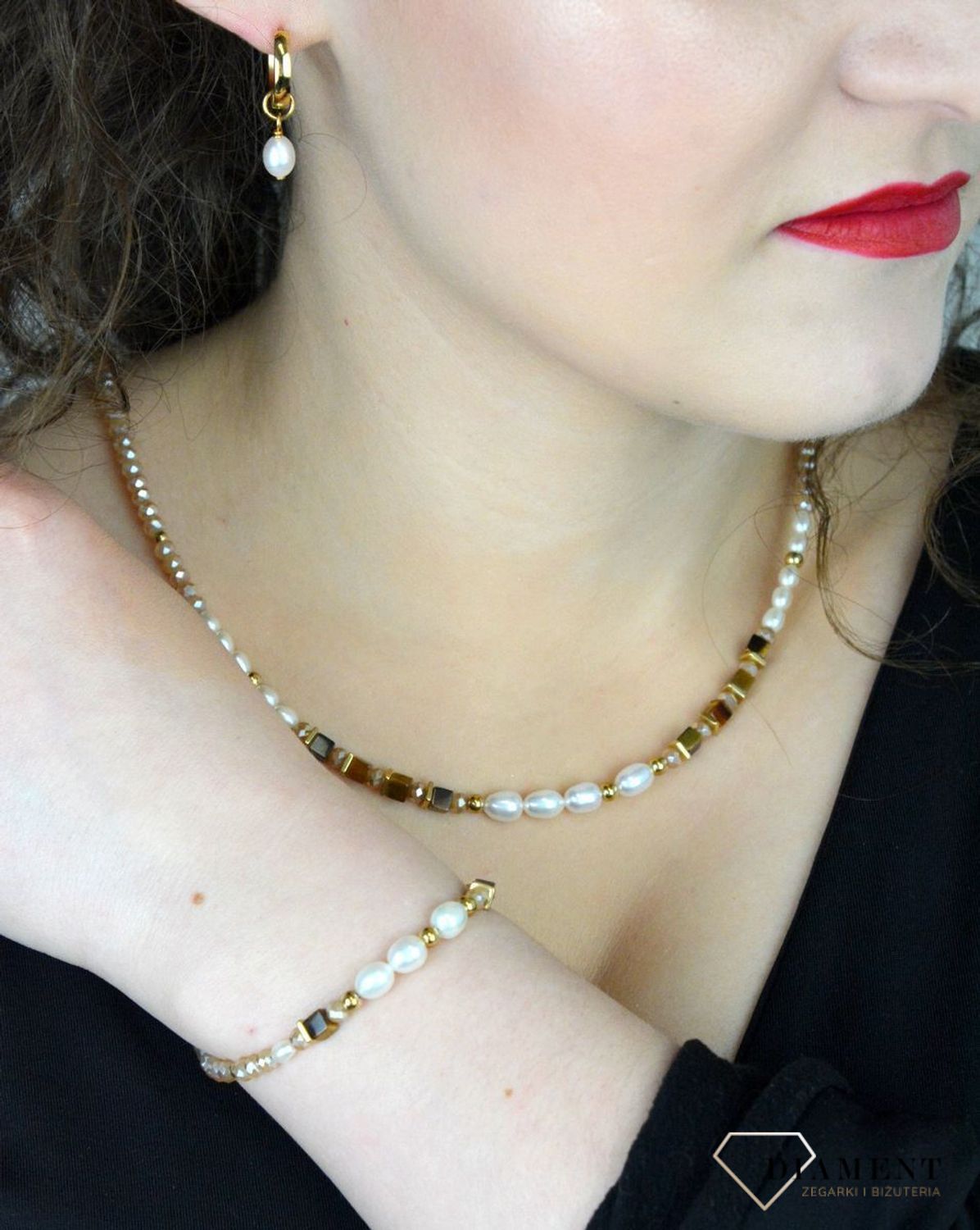 Bransoletka Coeur De Lion Perła słodkowodna, Tygrysie oko 113530-1110 ✨ Bransoletka Cosmic Pearls – Głębokie Złoto z Perłą Słodkowodną i Tygrysim Okiem 🌟1.jpg