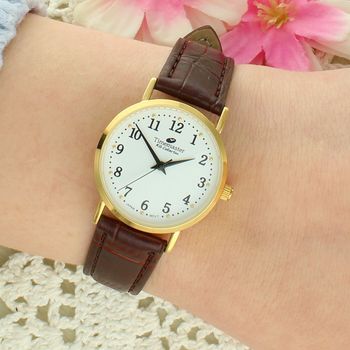 Zegarek damski Timemaster 119-20 – złota koperta 30 mm, biała tarcza, brązowy pasek skórzany, mechanizm Miyota gold.jpg