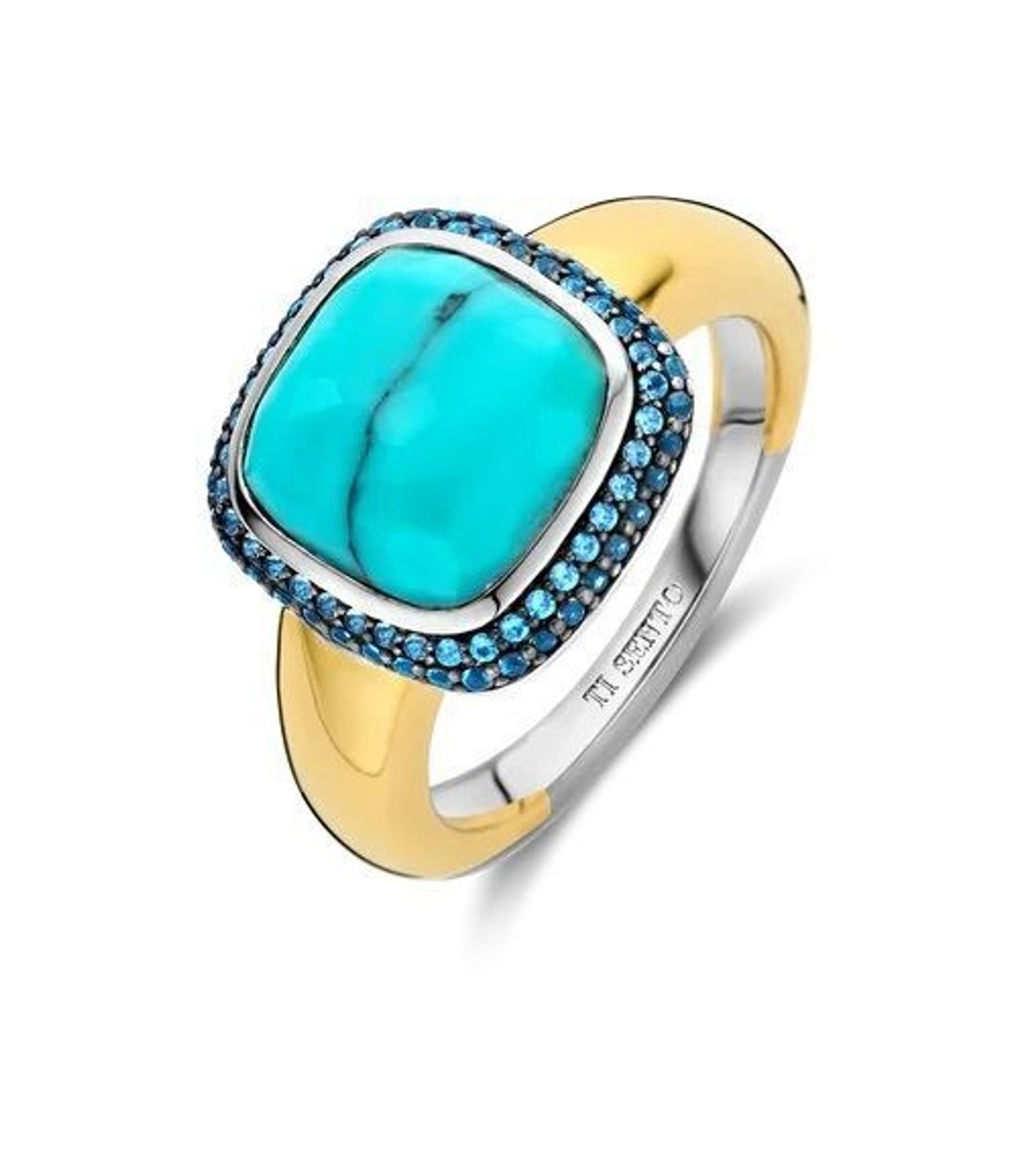 Złoty pierścionek Ti Sento turkus w cyrkoniach 12330TQ. Pierścionek srebrny Ti Sento. Pierścionek z kamieniem turkus marki Ti Sento (1).jpg