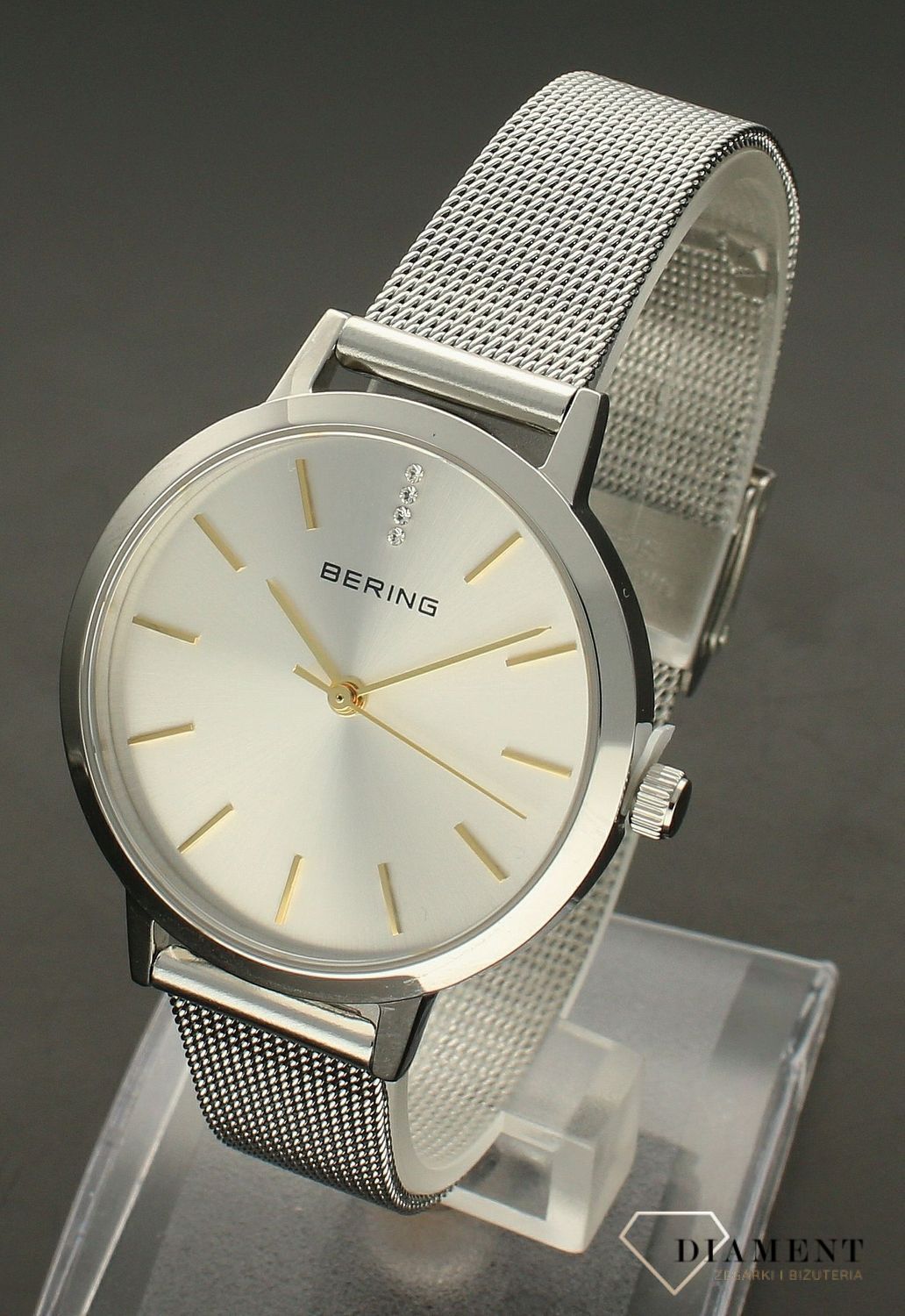 Zegarek damski na bransolecie Bering ze złota wskazówką 13434-001. Zegarek w srebrnym kolorze. Zegarek damski na bransolecie. Zegarek damski Bering. Zegarek damski idealny na prezent. Zeg.jpg