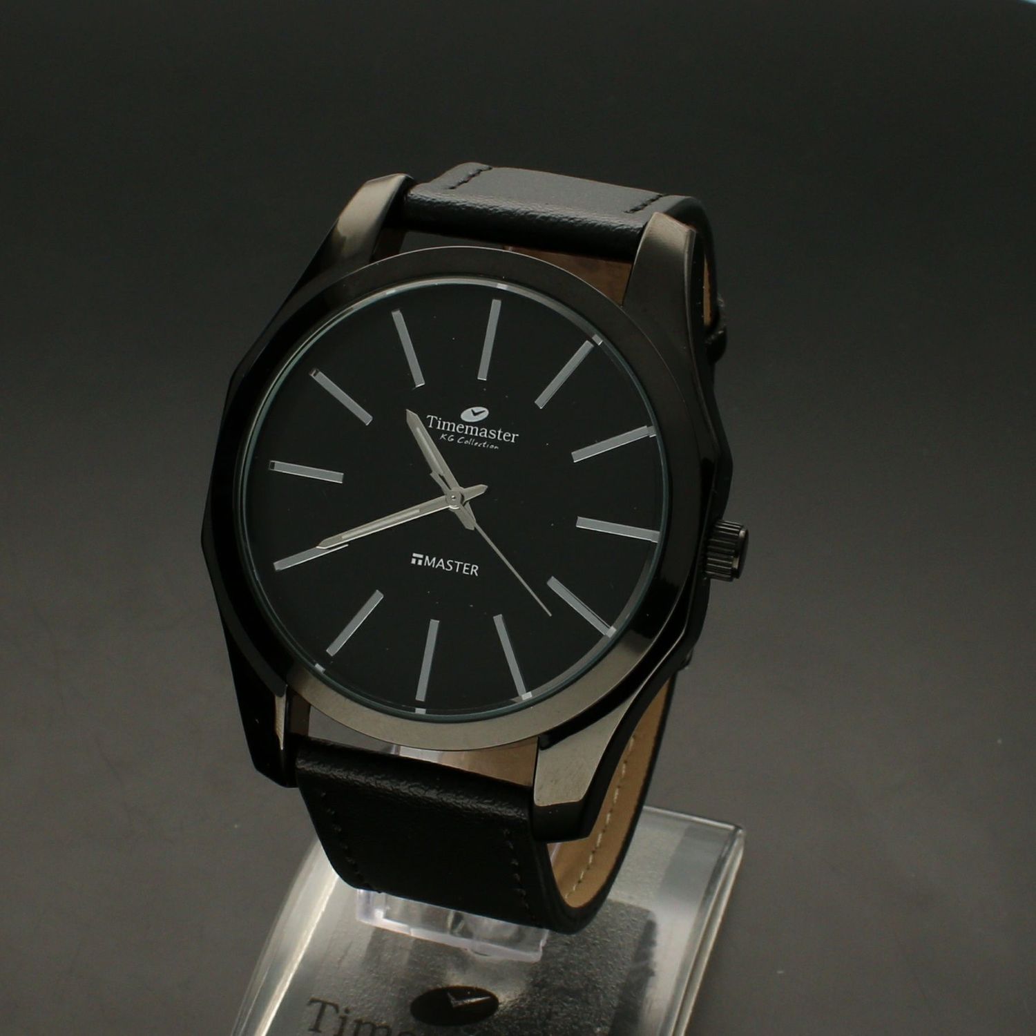 Zegarek męski na skórzanym pasku TIMEMASTER 144-8. Czarny skórzany pasek z czarna sprzączką. Tarcza w czarnym kolorze ze srebrny (3).jpg