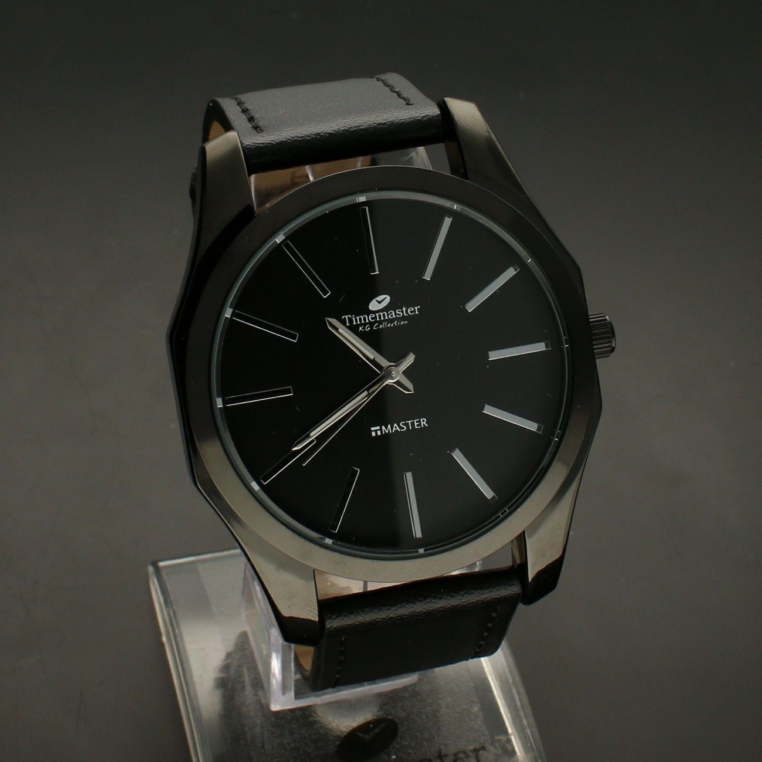 Zegarek męski na skórzanym pasku TIMEMASTER 144-8. Czarny skórzany pasek z czarna sprzączką. Tarcza w czarnym kolorze ze srebrny (3).jpg