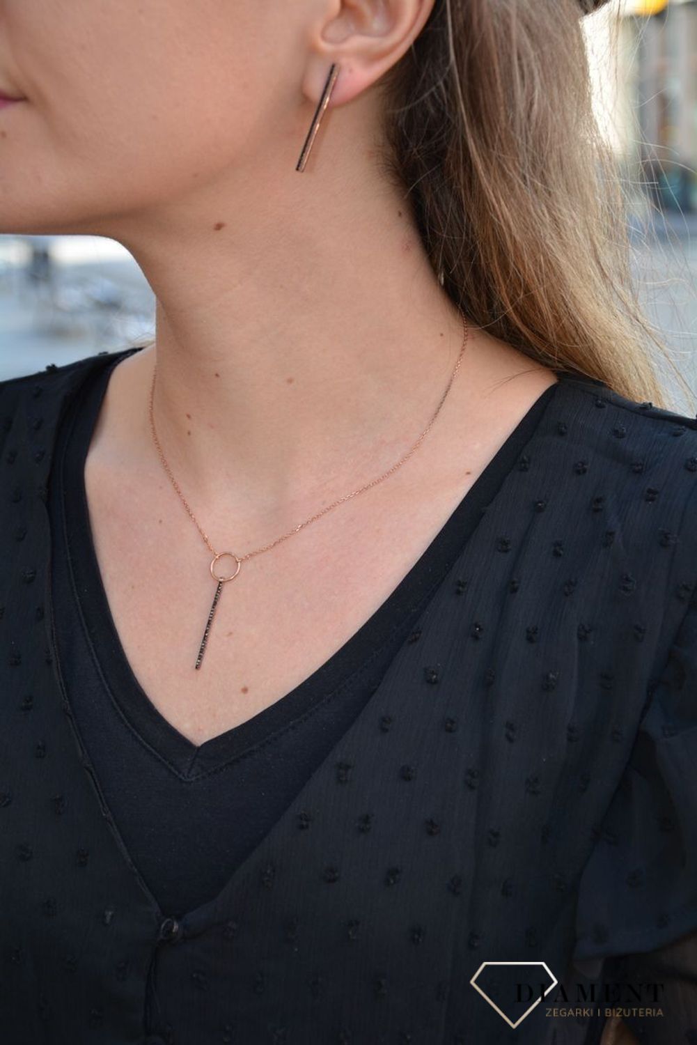 Naszyjnik srebrny różowe srebro 'Czarne cyrkonie - pałeczka' 14830-N.jpg
