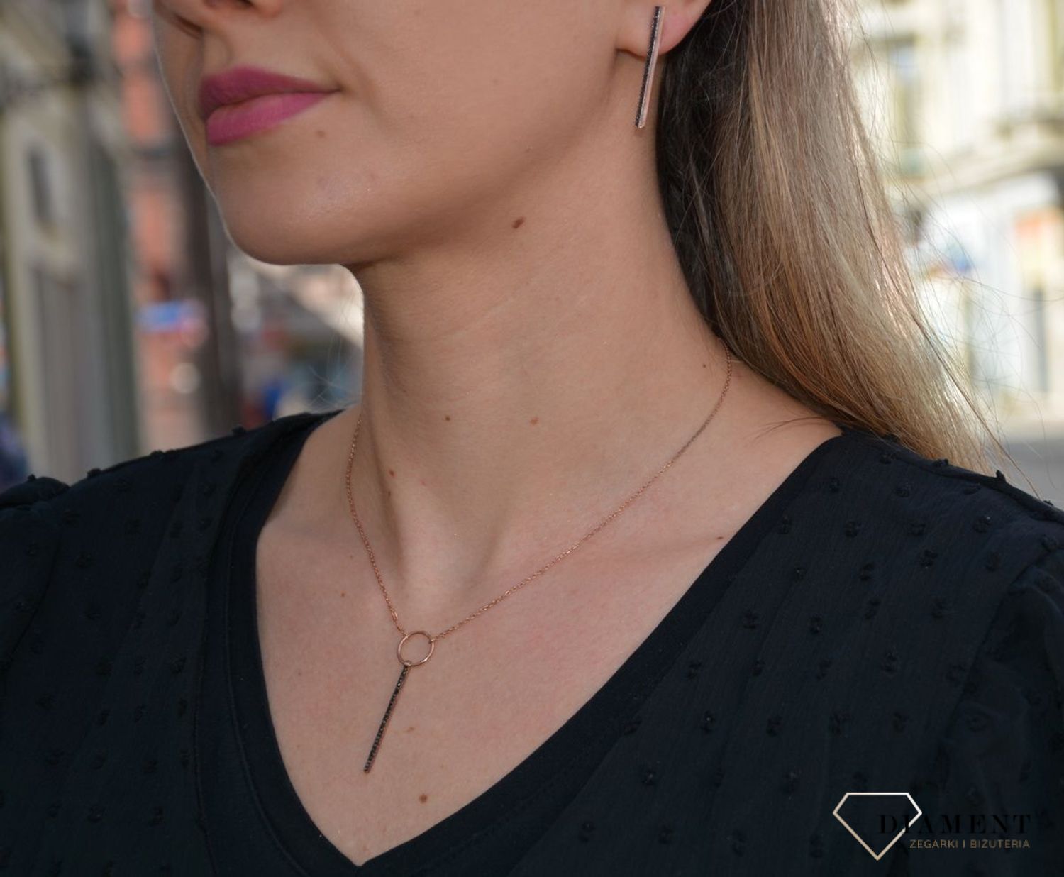 Naszyjnik srebrny różowe srebro 'Czarne cyrkonie - pałeczka' 14830-N.jpg