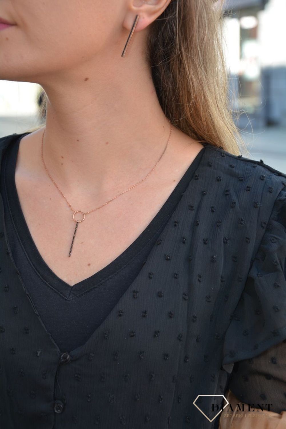 Naszyjnik srebrny różowe srebro 'Czarne cyrkonie - pałeczka' 14830-N.jpg