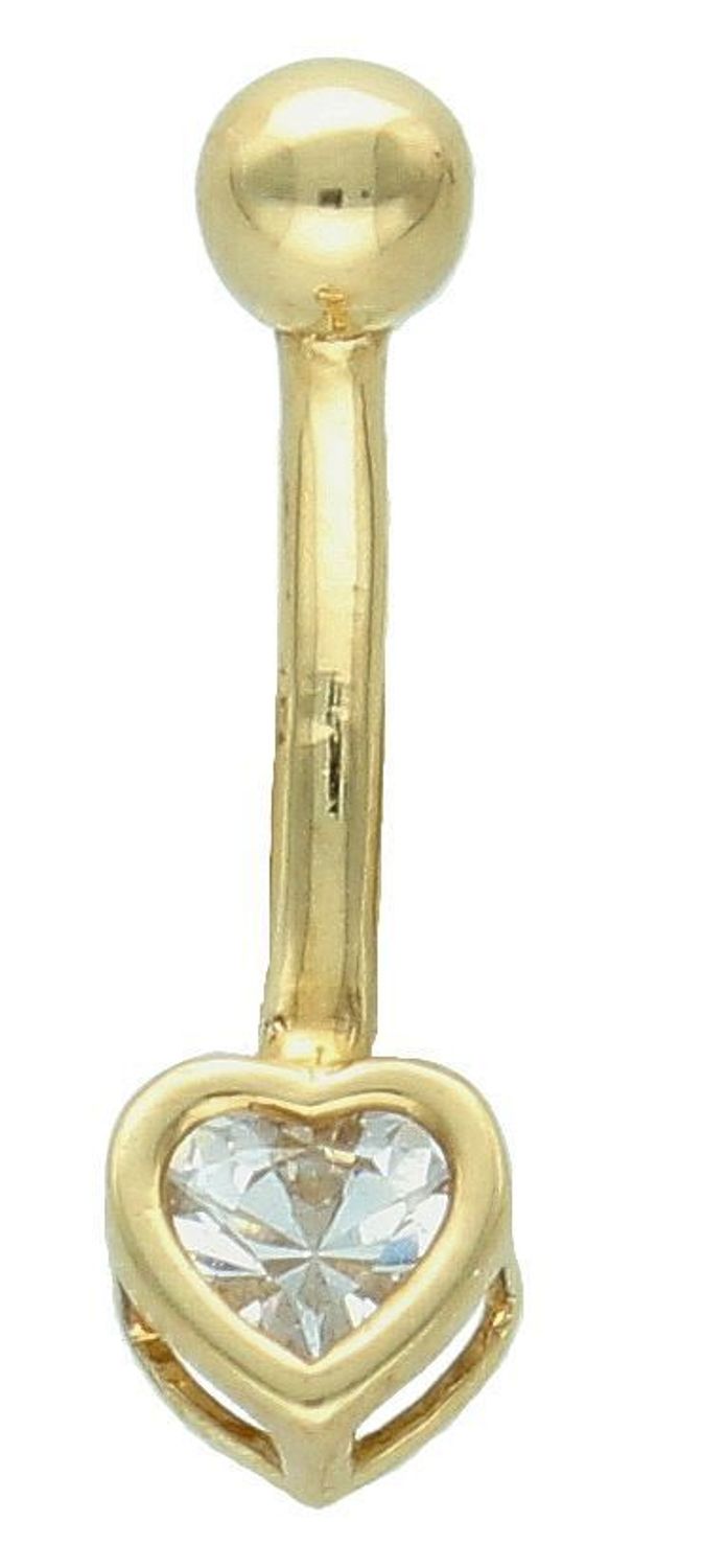 Złoty kolczyk do pępka 585 z serduszkiem. Kolczyk do pępka wykonany z 14-karatowego żółtego złota, ozdobiony uroczo mieniącym się serduszkiem z cyrkonią. Złoto 585 zapewnia trwałość1elega.jpg