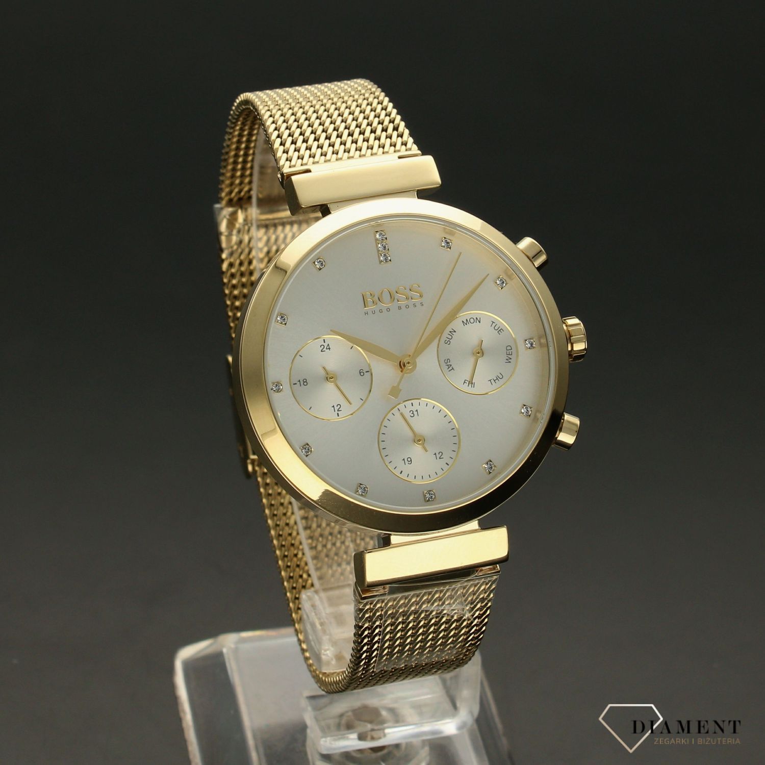 Zegarek damski na złotej bransolecie z nowoczesną multidatą. Delikatna bransoleta dodaje wdzięku. Zegarek o numerze katalogowym 1502552.jpg