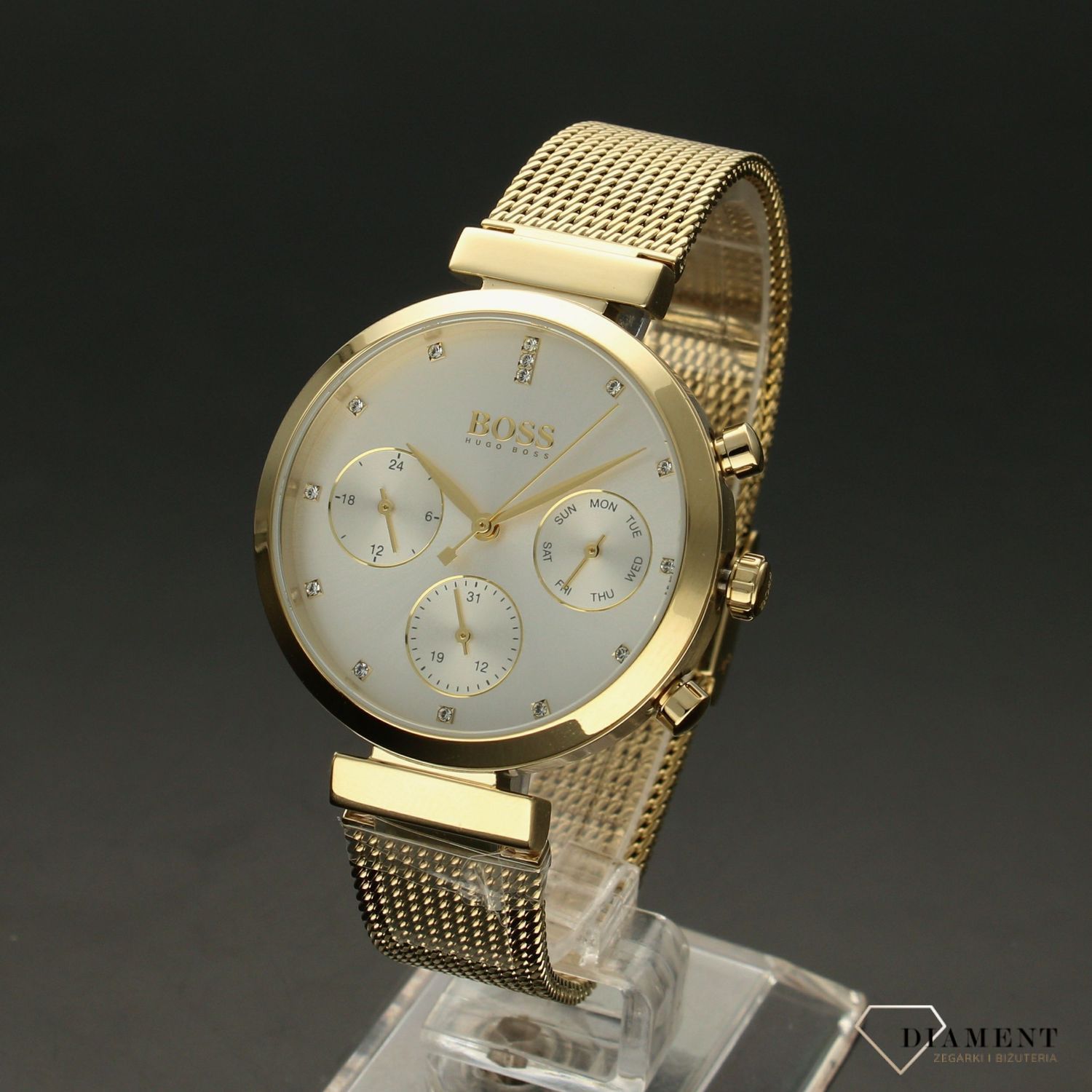 Zegarek damski na złotej bransolecie z nowoczesną multidatą. Delikatna bransoleta dodaje wdzięku. Zegarek o numerze katalogowym 1502552.jpg