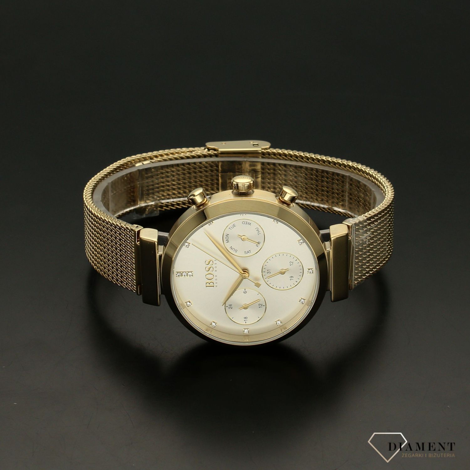 Zegarek damski na złotej bransolecie z nowoczesną multidatą. Delikatna bransoleta dodaje wdzięku. Zegarek o numerze katalogowym 1502552.jpg