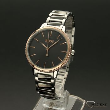 Zegarek damski Hugo Boss 1502569 na stalowej bransolecie z ciemnymi elementami z dodatkami różowegozłota.  (2).jpg