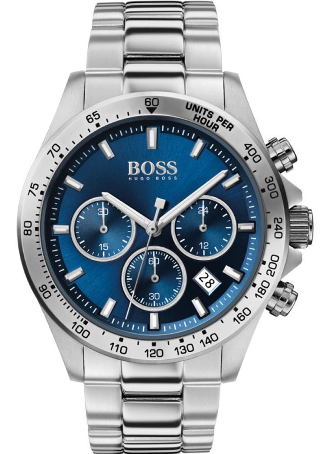 Zegarek męski Hugo Boss Hero 1513755 to najmodniejszy zegarek na stalowej, wytrzymałej bransolecie z japońskim mechanizmem. Zegarek dla prawdziwego faceta z niebieska tarczą i prostymi indeksami oraz logiem Hugo Boss..jpg