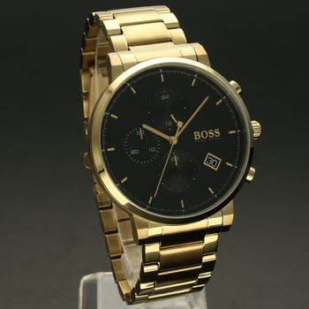 Zegarek męski Hugo Boss Integrity w odcieniu złota 1513781 to zegarek na stalowej, pozłacanej bransolecie z japońskim mechanizmem. Zegarek złoty z czarną tarczą i prostymi indeksami.  (2).jpg