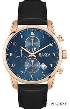 Zegarek męski Hugo Boss Skymaster 1513783 to najmodniejszy zegarek na czarnym, wytrzymałym pasku z kopertą o barwie różowego złota. Zegarek dla prawdziwego faceta z niebieska tarczą i prostymi c.jpg