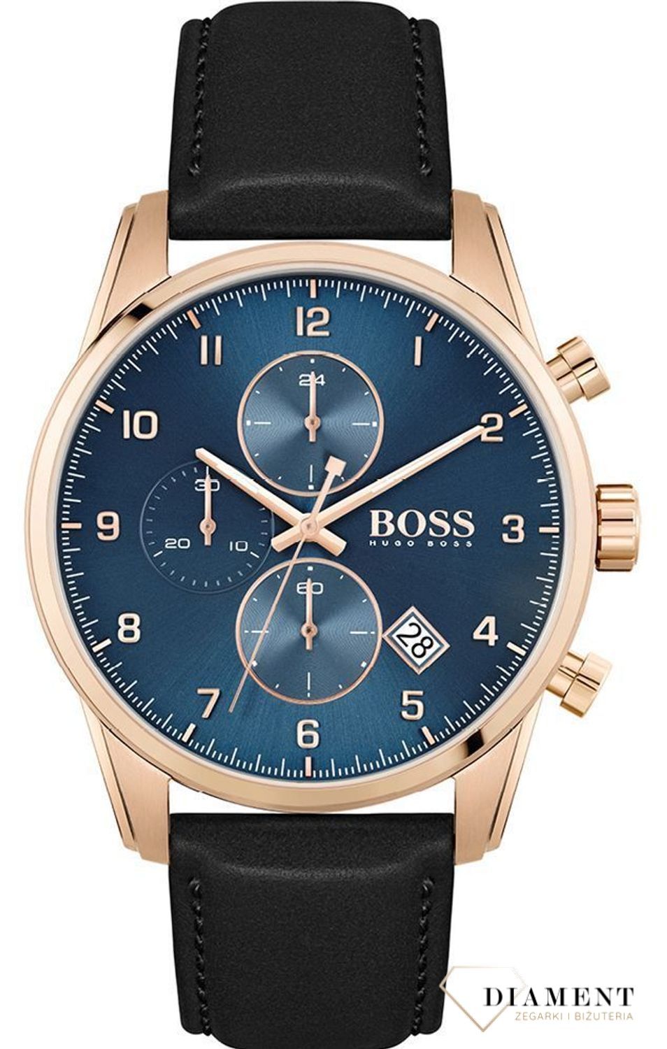 Zegarek męski Hugo Boss Skymaster 1513783 to najmodniejszy zegarek na czarnym, wytrzymałym pasku z kopertą o barwie różowego złota. Zegarek dla prawdziwego faceta z niebieska tarczą i prostymi c.jpg