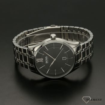 Zegarek męski Hugo Boss 1513797 Distinction to zegarek do garnituru na stalowej, srebrnej bransolecie z japońskim mechanizmem. Zegarek elegancki z czarną tarczą i prostymi indeksami. ,.jpg