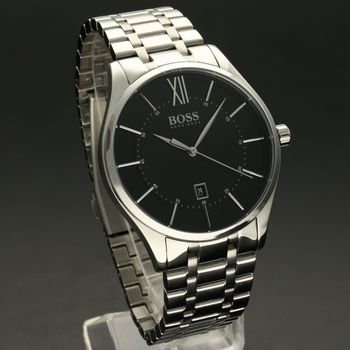 Zegarek męski Hugo Boss 1513797 Distinction to zegarek do garnituru na stalowej, srebrnej bransolecie z japońskim mechanizmem. Zegarek elegancki z czarną tarczą i prostymi indeksami. Propozycja dedykowan.jpg