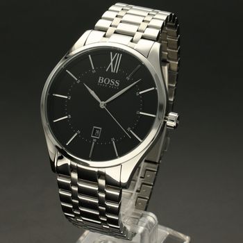 Zegarek męski Hugo Boss 1513797 Distinction to zegarek do garnituru na stalowej, srebrnej bransolecie z japońskim mechanizmem. Zegarek elegancki z czarną tarczą i prostymi indeksami. Propozycja dedykowana  (1).jpg