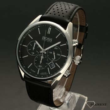 Zegarek męski Hugo Boss 1513816 Champion to najmodniejszy zegarek na czarnym, wytrzymałym pasku z kopertą ze stali. Zegarek dla prawdziwego faceta z czarną tarczą i prostymi indeksami oraz logiem Hugo Boss.jpg