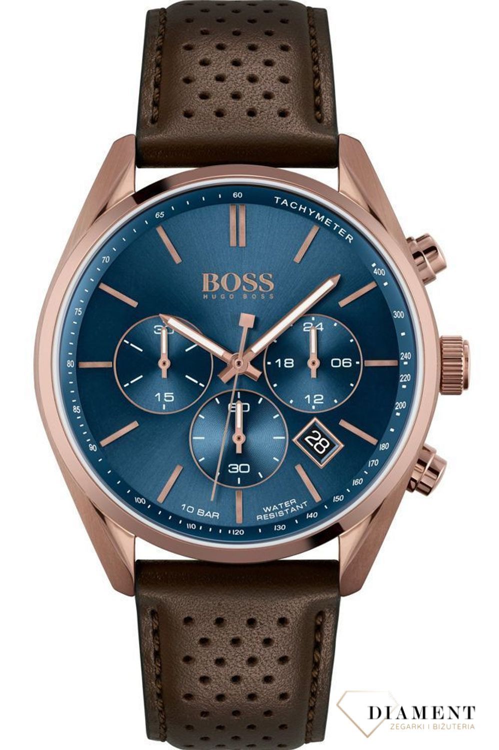 Modny zegarek męski Hugo Boss. Na brązowym pasku z niebieską tarczą. Koperta w kolorze różowego złota (2).jpg