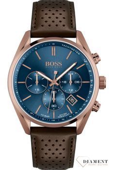 Modny zegarek męski Hugo Boss. Na brązowym pasku z niebieską tarczą. Koperta w kolorze różowego złota (2).jpg