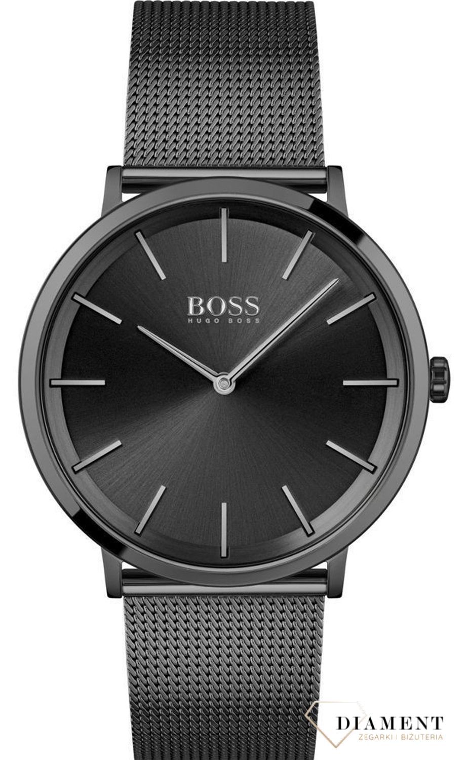 Zegarek męski Hugo Boss 1513826 'Czarny BOSS' to zegarek do garnituru na stalowej, czarnej bransolecie typu mesh z japońskim mechanizmem. Zegarek elegancki o modnym look'u. Propozycja dedykowana.jpg