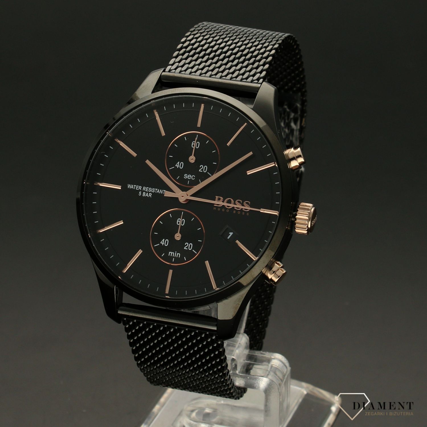 Zegarek męski Hugo Boss 1513837 Skymaster w odcieniu ciemnej szarości to zegarek z kolekcji Hugo Boss. Zegarek ciemno szary z cyframi arabskimi w różowym złocie..jpg