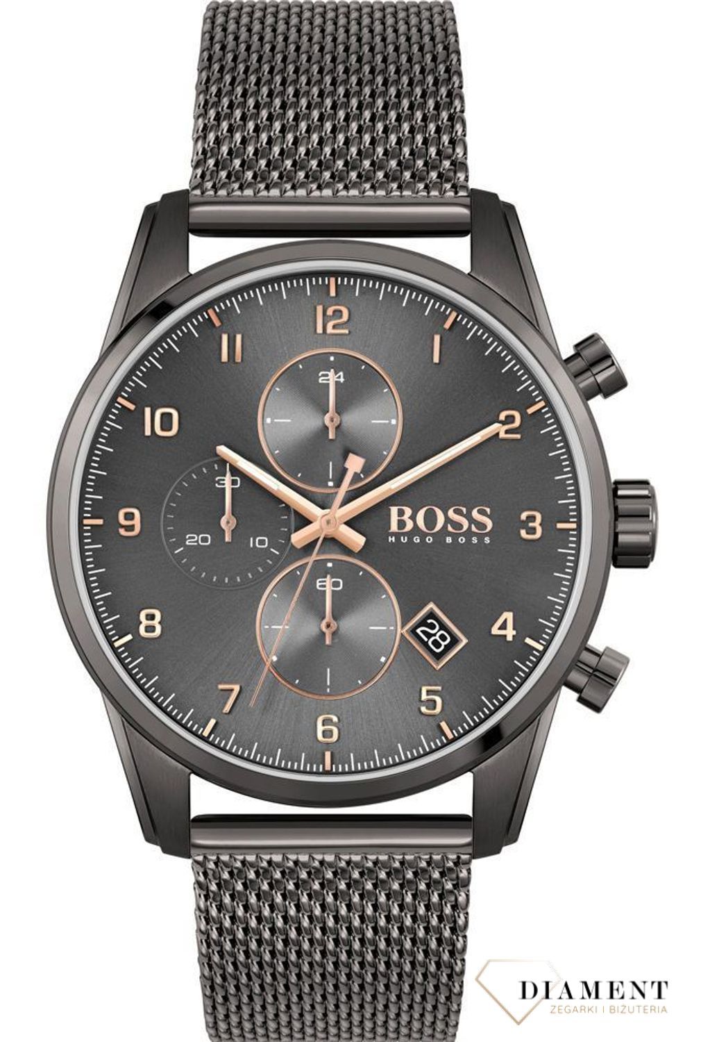 Zegarek męski Hugo Boss 1513837 Skymaster w odcieniu ciemnej szarości to zegarek z kolekcji Hugo Boss. Zegarek ciemno szary z cyframi arabskimi w różowym złocie..jpg