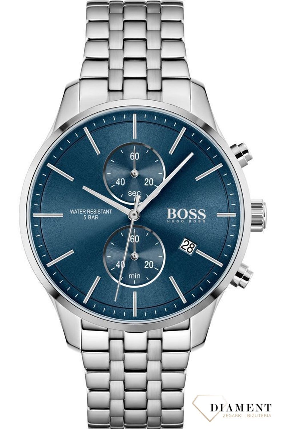 Zegarek męski Hugo Boss Associate 1513839 z kolekcji zegarków Hugo Bossto to model na stalowej, srebrnej bransolecie z japońskim mechanizmem. Zegarek Hugo Boss z niebieską tarczą i prostymi indeksami..jpg
