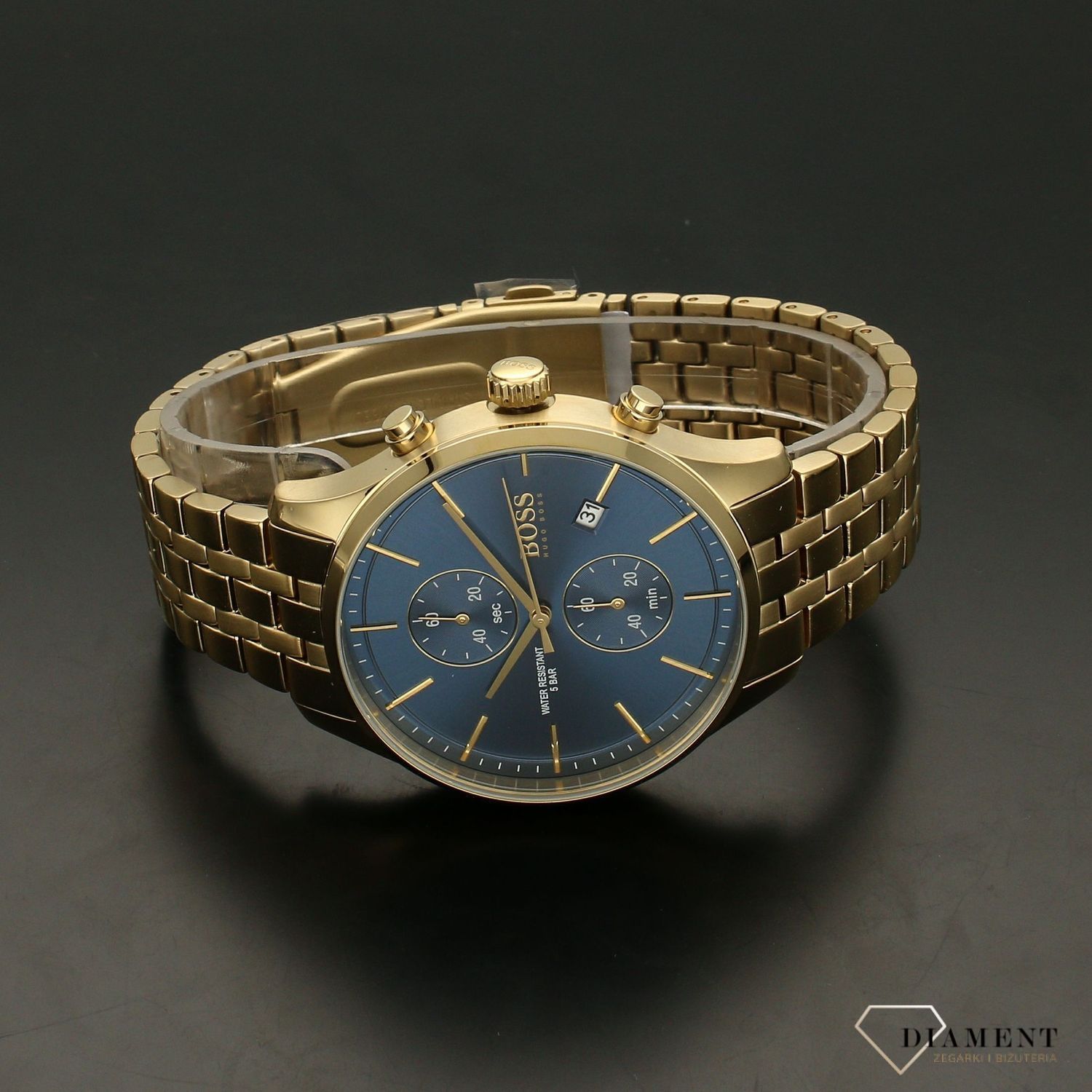 Zegarek męski na złotej bransolecie w kolorze złotym z niebieską tarczą Hugo Boss 1513841 z kolekcji Associate..jpg