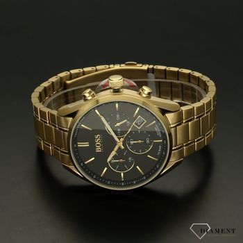 Zegarek męski Hugo Boss Champion 'Złoty BOSS' 1513848 to zegarek na stalowej, pozłacanej bransolecie z japońskim mechanizmem. Zegarek złoty z czarną tarczą i prostymi indeksami..jpg