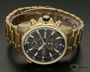 Zegarek męski HUGO BOSS Globetrotte 1513932 z czarną tarczą i chronografem.  Zegarek na złotej bransolecie. Zegarek męski na bransolecie. Zegarek męski Hugo Boss z chronografem. Zegarek męski Hugo Boss idealny na (5).jpg