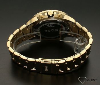Zegarek męski HUGO BOSS Globetrotte 1513932 z czarną tarczą i chronografem.  Zegarek na złotej bransolecie. Zegarek męski na bransolecie. Zegarek męski Hugo Boss z chronografem. Zegarek męski Hugo Boss idealny na p (1).jpg