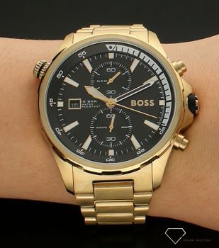 Zegarek męski HUGO BOSS Globetrotte 1513932 z czarną tarczą i chronografem.  Zegarek na złotej bransolecie. Zegarek męski na bransolecie. Zegarek męski Hugo Boss z chronografem. Zegarek męski Hugo Boss idealny na.jpg