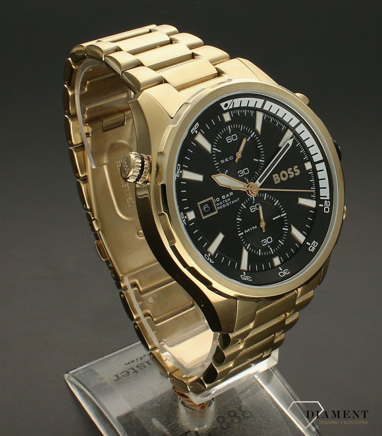 Zegarek męski HUGO BOSS Globetrotte 1513932 z czarną tarczą i chronografem.  Zegarek na złotej bransolecie. Zegarek męski na bransolecie. Zegarek męski Hugo Boss z chronografem. Zegarek męski Hugo.jpg