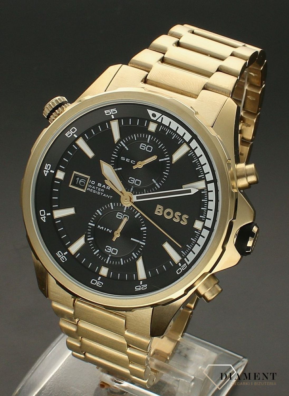 Zegarek męski HUGO BOSS Globetrotte 1513932 z czarną tarczą i chronografem.  Zegarek na złotej bransolecie. Zegarek męski na bransolecie. Zegarek męski Hugo Boss z chronografem. Zegarek męski Hugo.jpg