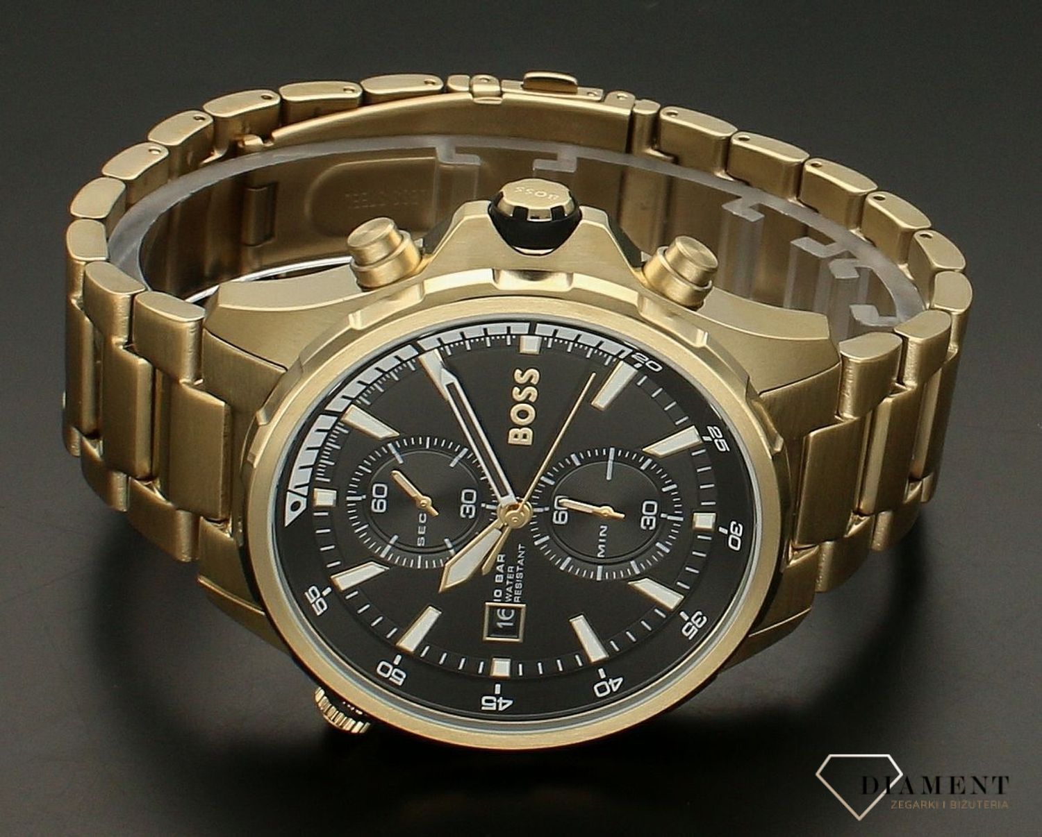 Zegarek męski HUGO BOSS Globetrotte 1513932 z czarną tarczą i chronografem.  Zegarek na złotej bransolecie. Zegarek męski na bransolecie. Zegarek męski Hugo Boss z chronografem. Zegarek męski Hugo.jpg